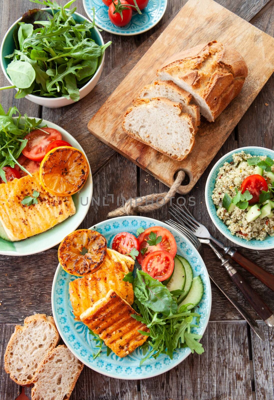 BBQ grilled cheese with fresh salad and bread