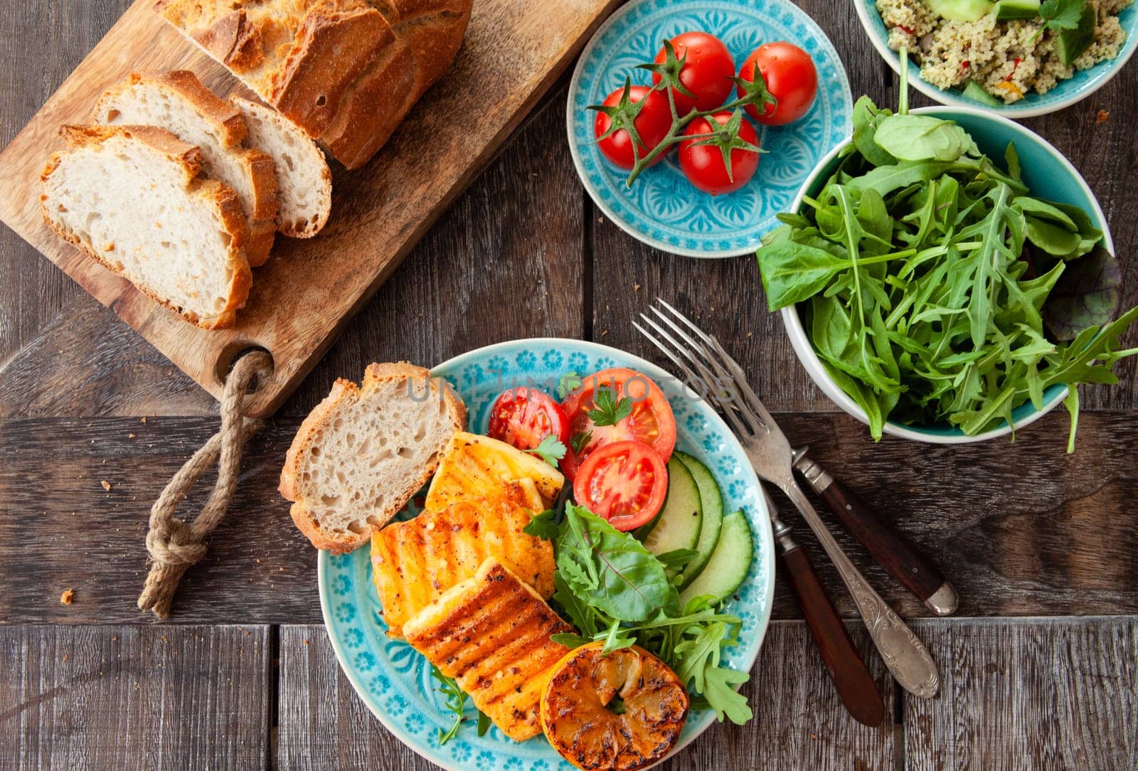 BBQ grilled cheese with fresh salad and bread