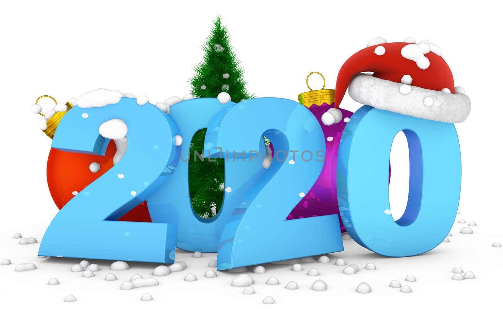 The numbers 2020 and ball Christmas tree on which the snow falls. 3d rendering.