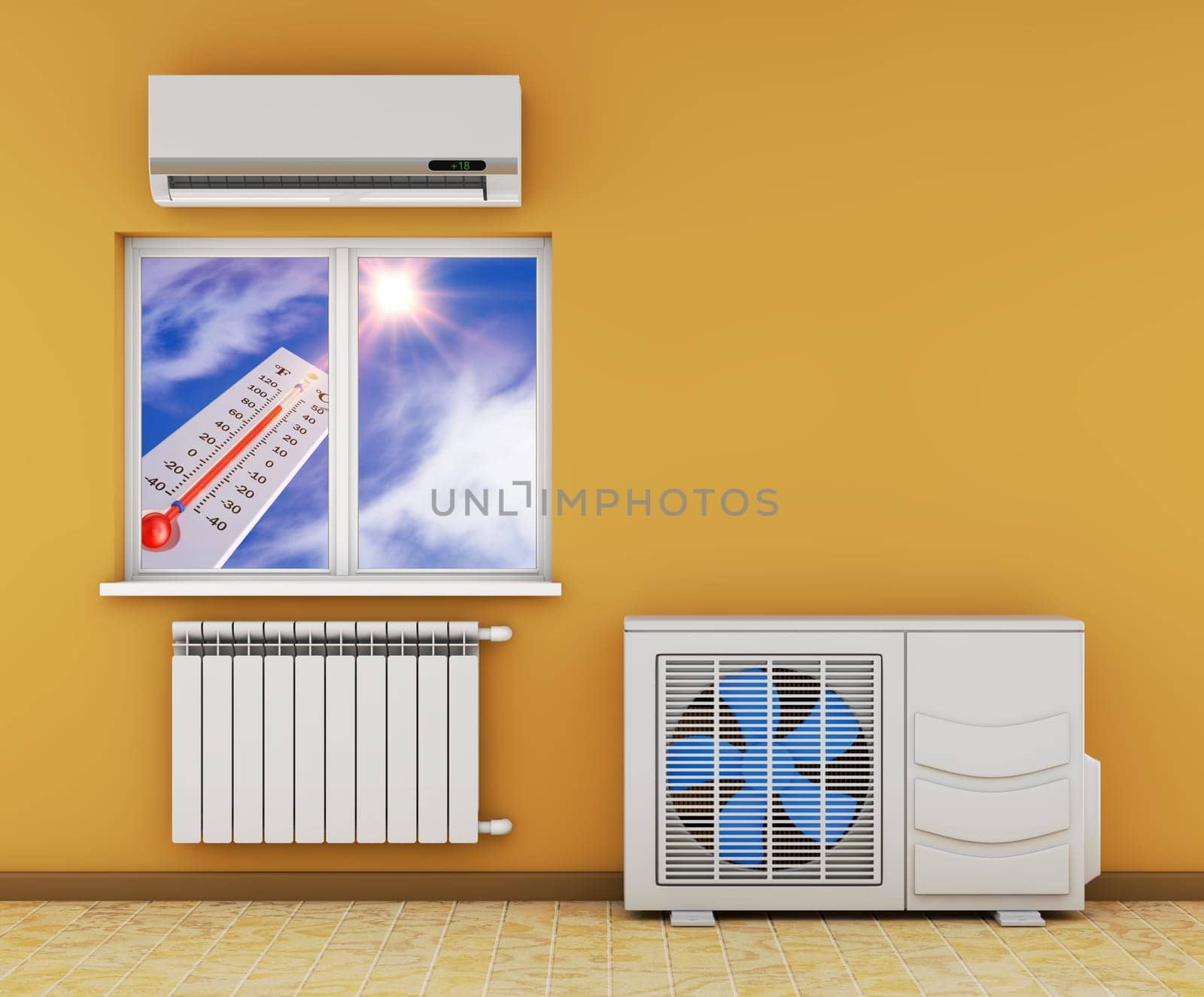Air conditioning and thermometer in the window. 3d render