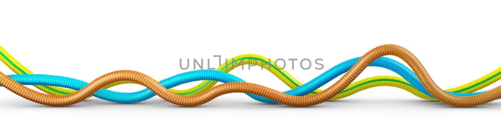 Multicolored flexible corrugated pipes for electrical installation. 3d render