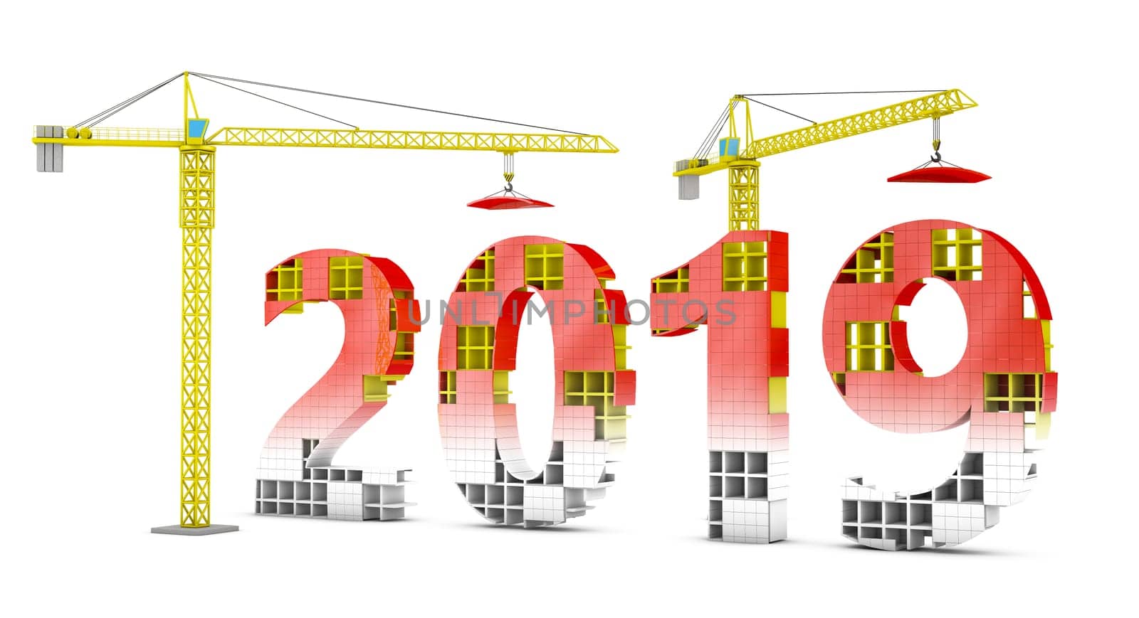 Two tower cranes building a volumetric figure of 2019. 3d render.