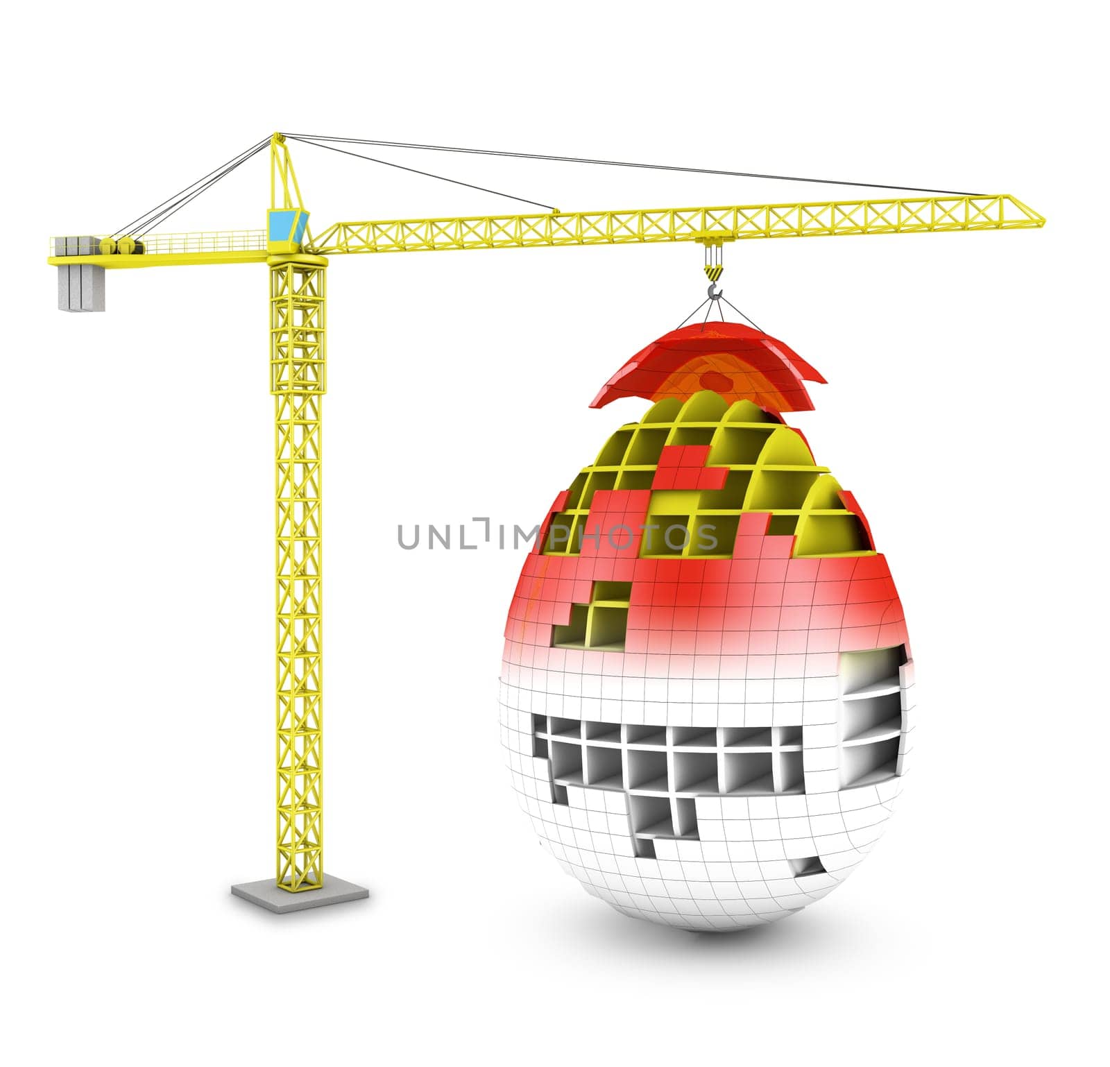 The tower crane builds a red egg. 3d render.