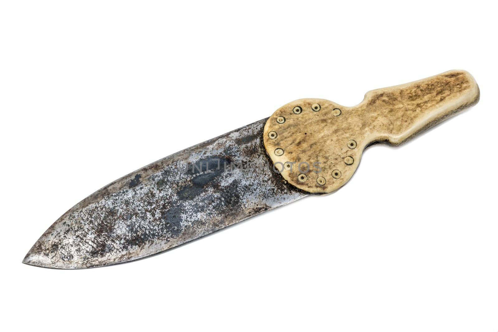 Old Indian hand-forged knife with bone handle isolated on white