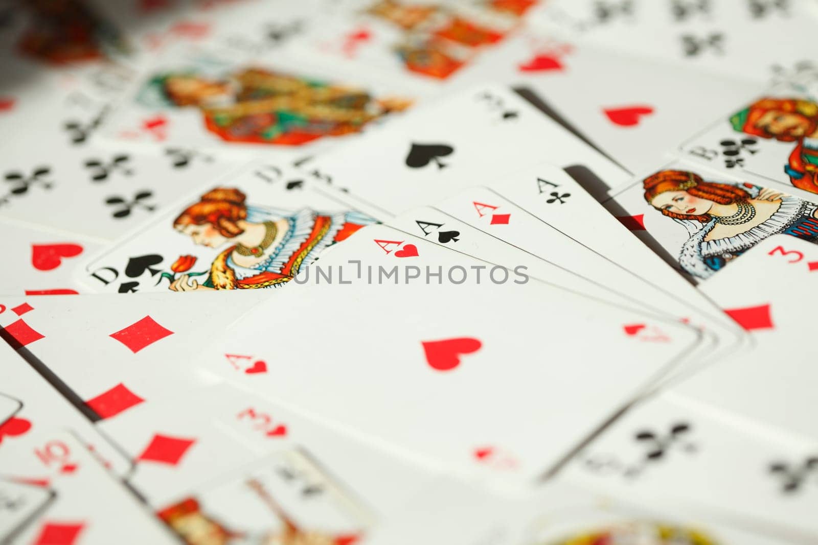 Four aces, various colorful playing cards, background picture, abstract