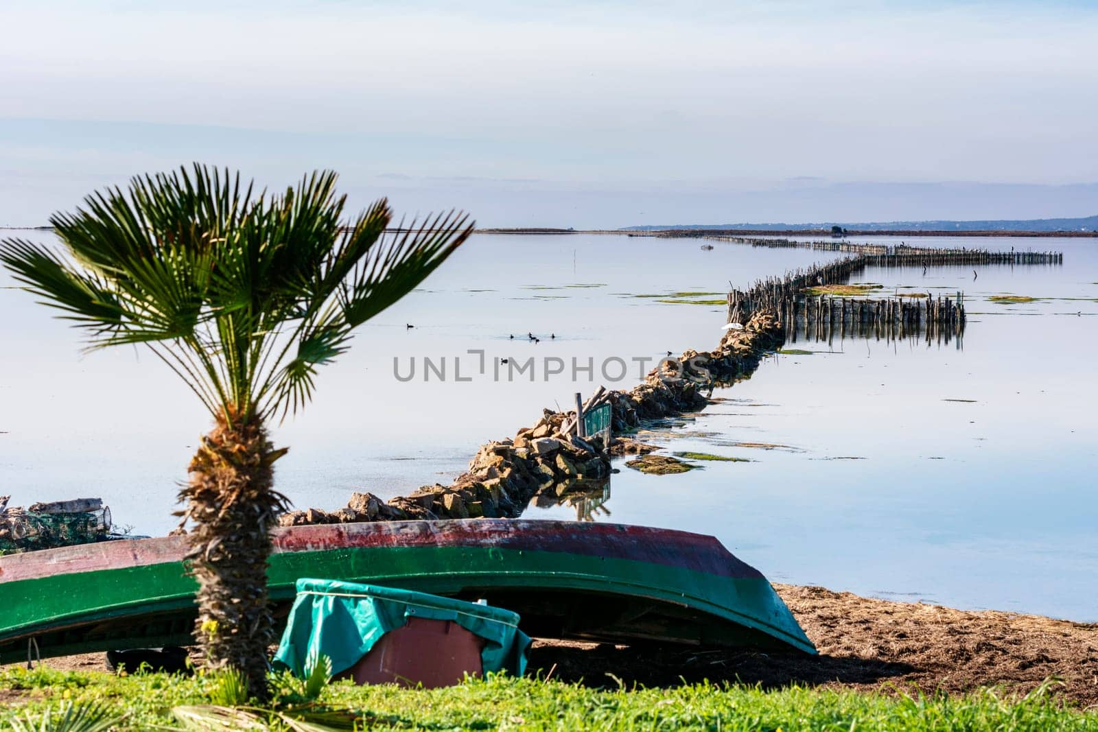 Old wooden fishing boats with bright colors at dawn on the lake. Landscape of lagoon in Sardinia south west.