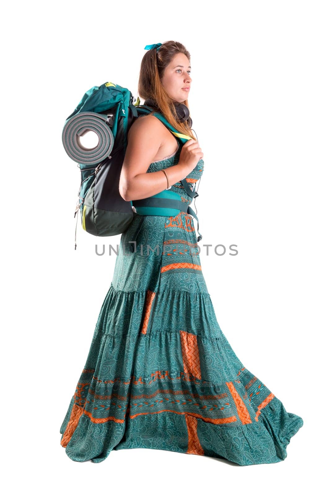 Happy hiker girl with backpack isolated in white, trekking and travel lifestyle concept