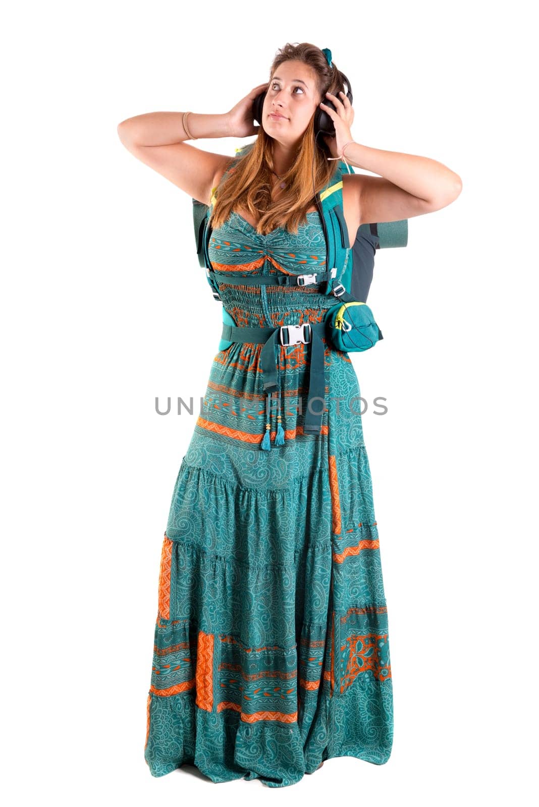 Happy hiker girl with backpack isolated in white, trekking and travel lifestyle concept