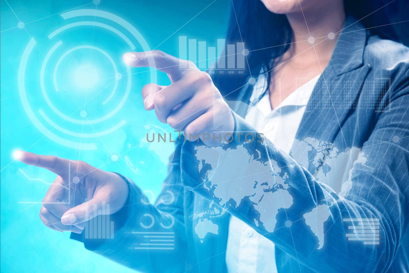 Business woman touch virtual screen which display the interface of financial chart and world maps. Digital technology concept