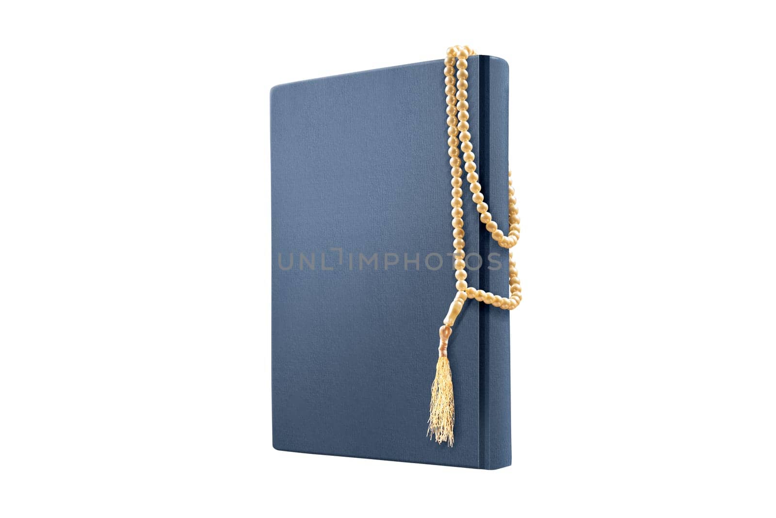 Quran and prayer beads isolated over white background