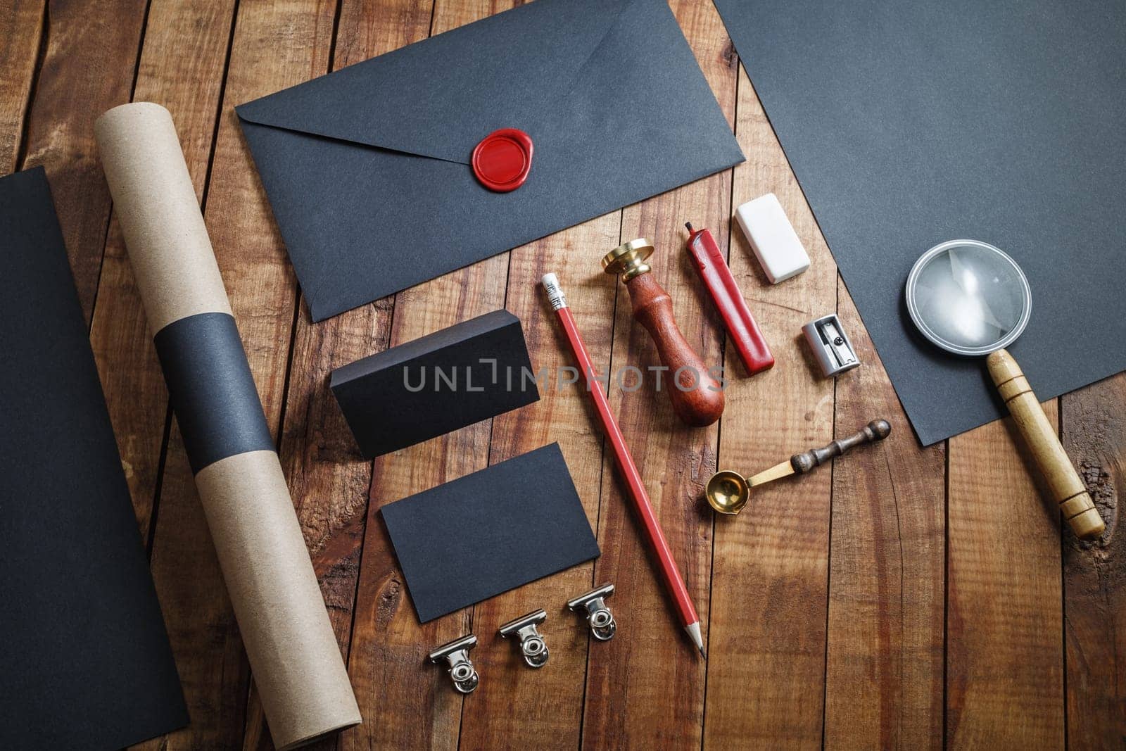 Blank vintage stationery on wood table background. Responsive design template. Mockup for branding identity.