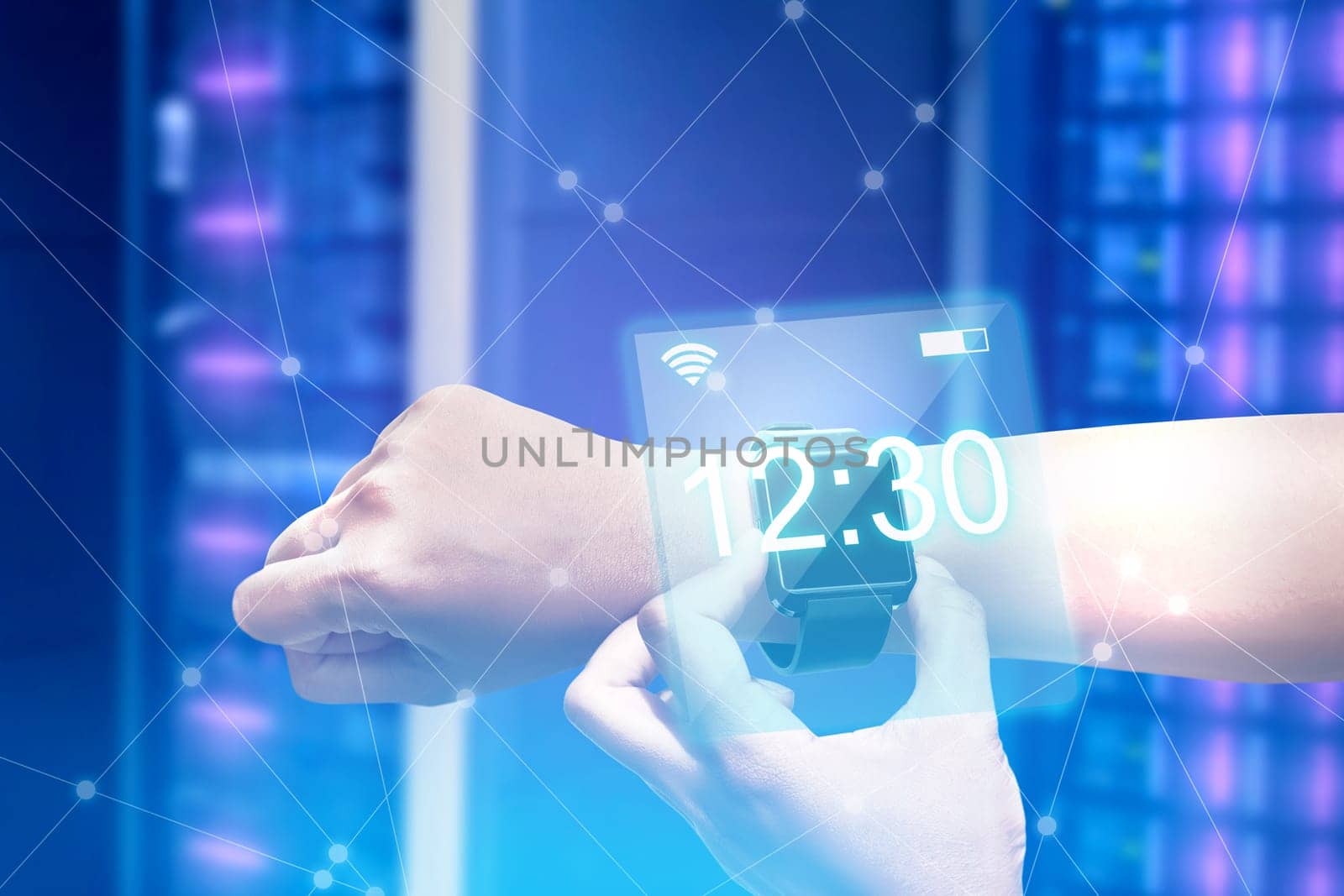 Male hand with smartwatch check the time. Digital technology concept