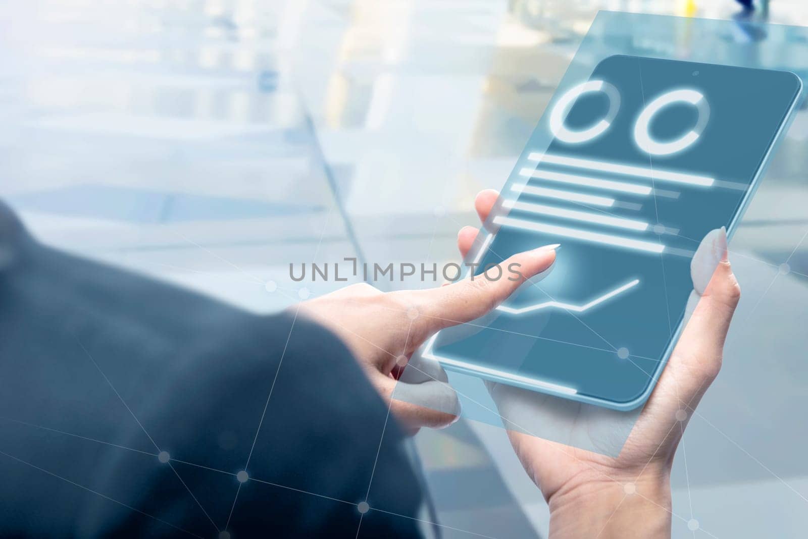 Rear view of business woman touch the digital tablet and display the interface of chart and graph. Digital technology concept