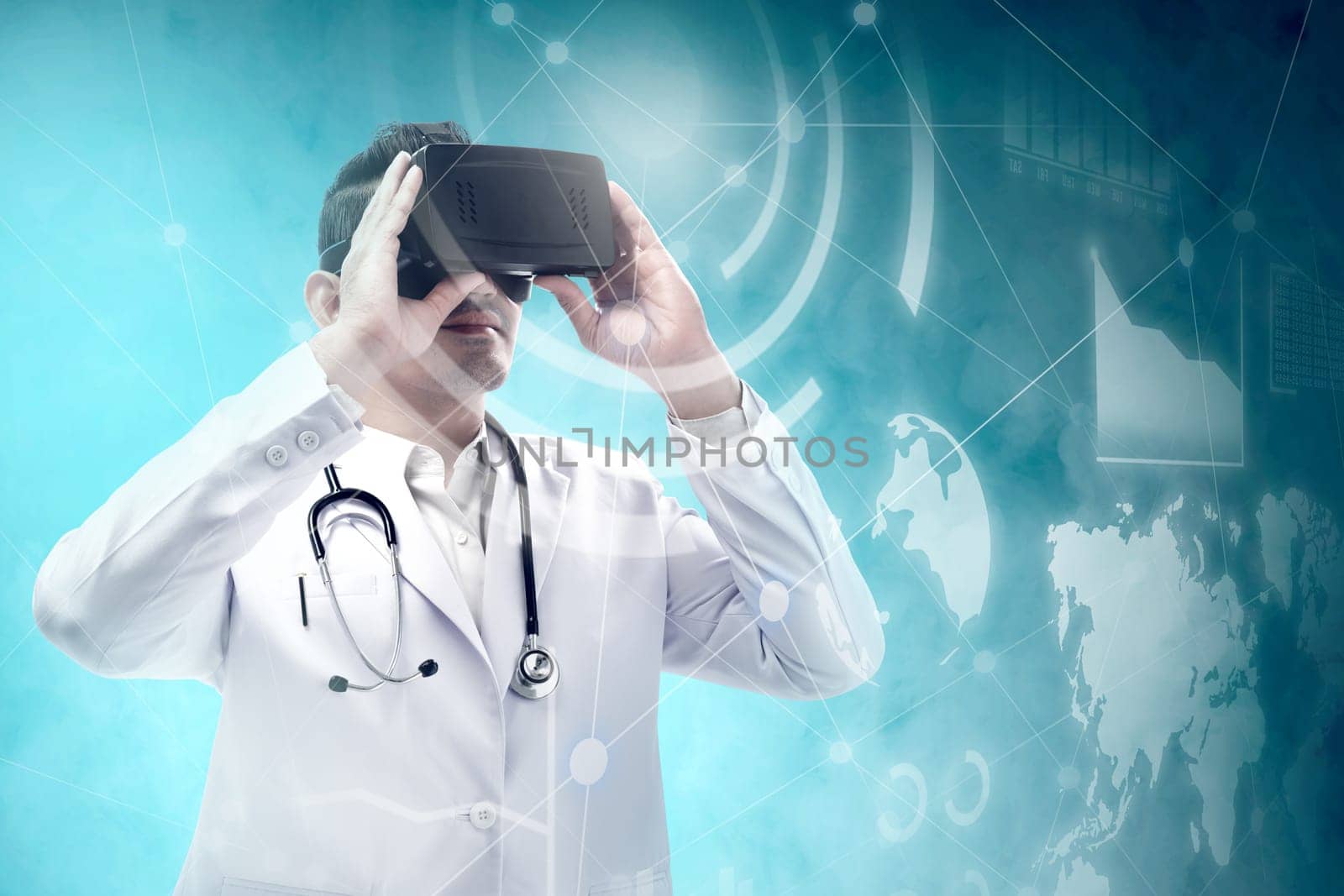 Asian male doctor in white coat and stethoscope using virtual reality device and looking at virtual screen which display the interface of financial chart and world maps. Digital technology concept