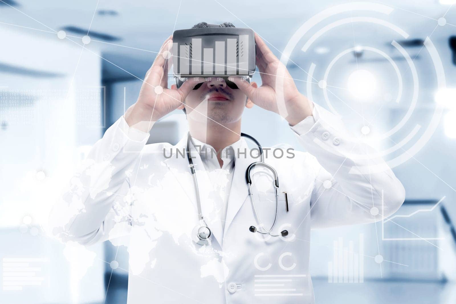 Asian male doctor in white coat and stethoscope looking at digital interface with virtual reality device display the world map, graphic bar and binary code. Augmented reality technology
