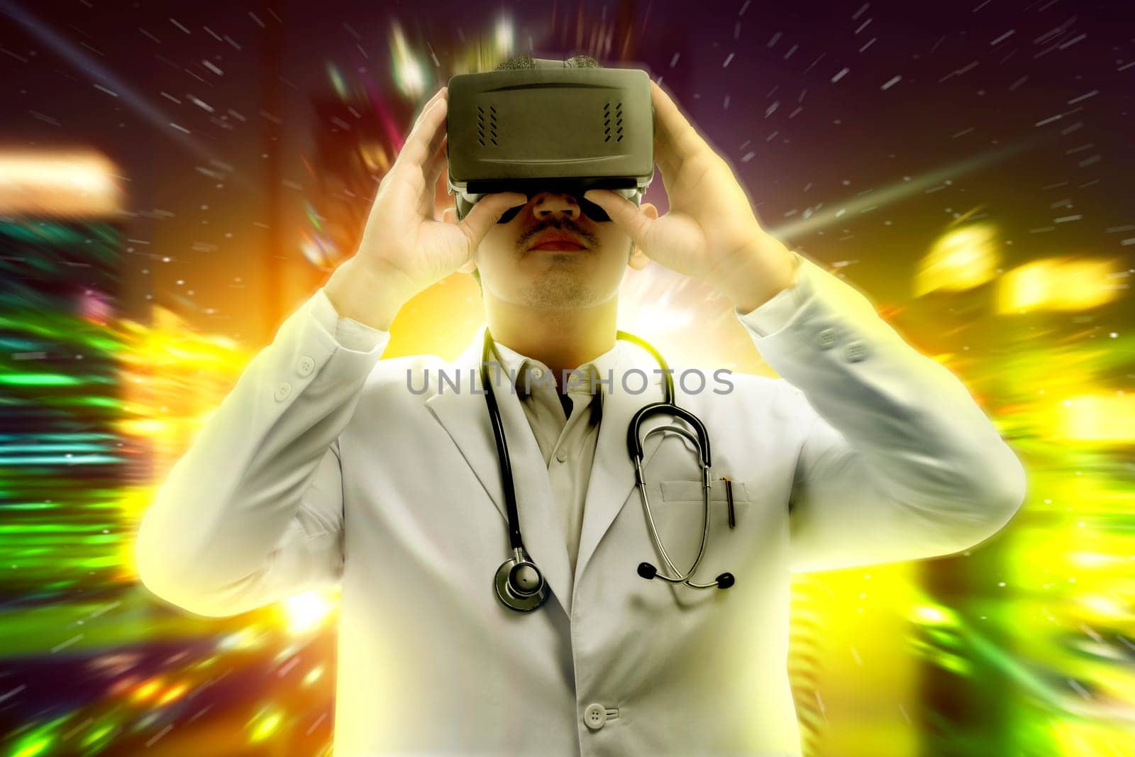 Asian male doctor in white coat and stethoscope using virtual reality device. Augmented reality technology