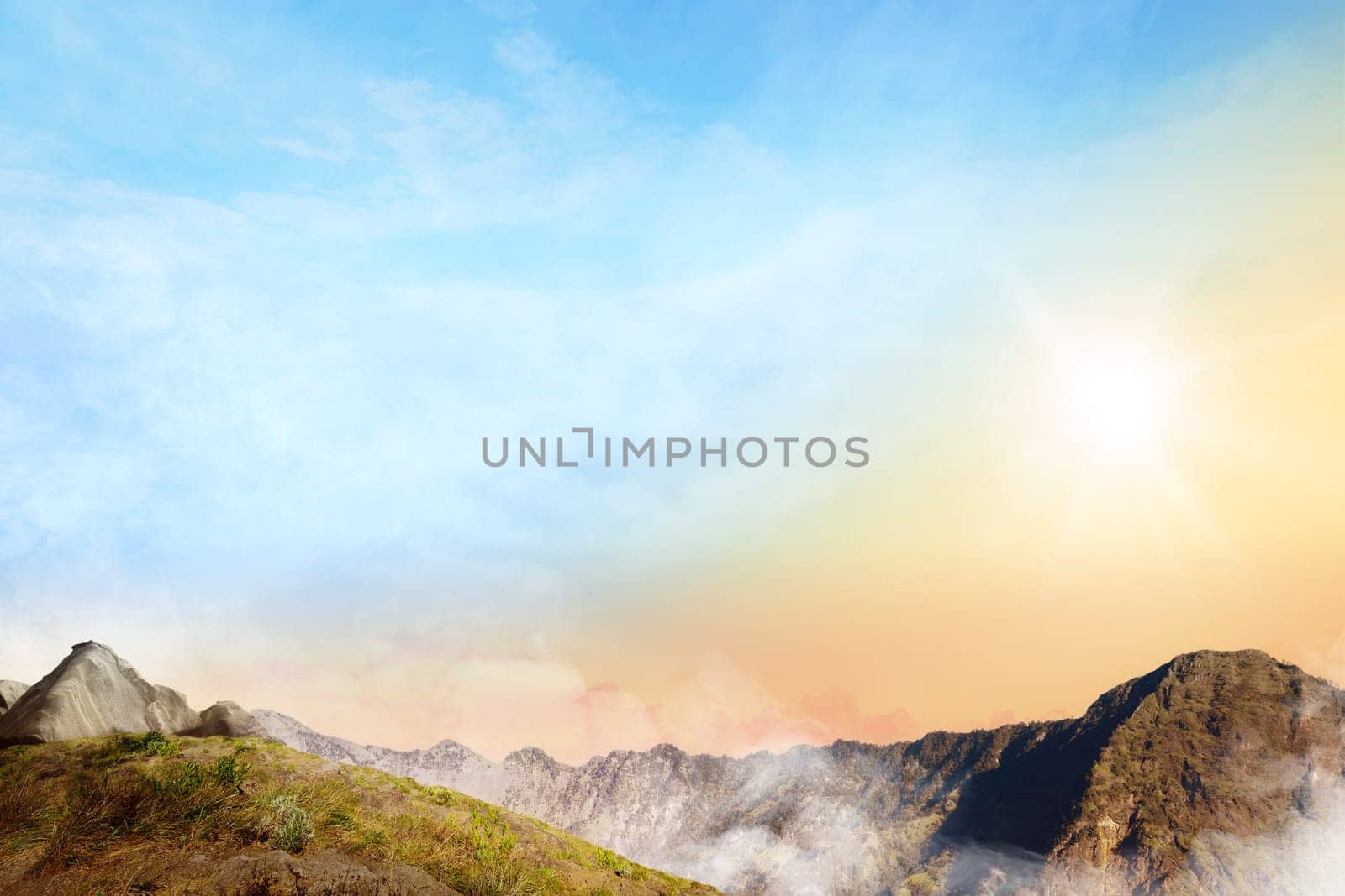 Panoramic views of top of the mountain with clouds fog on the morning