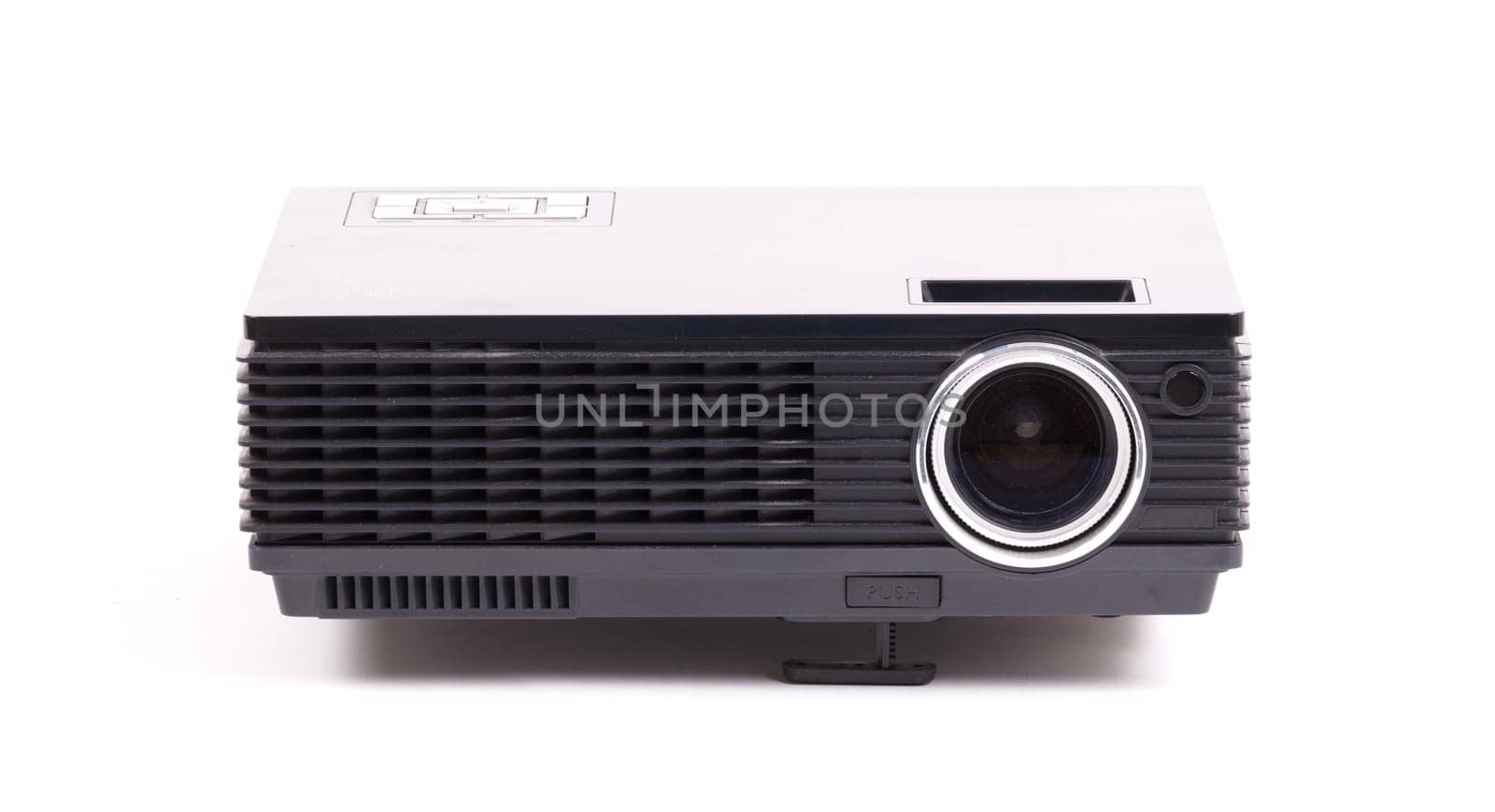 Black home cinema projector, isolated on white background