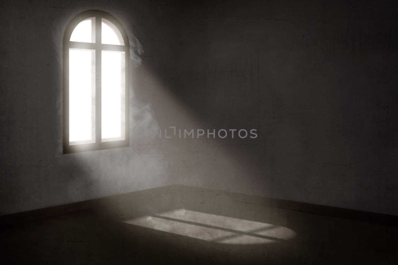 Light from outside the windows illuminate the dark room