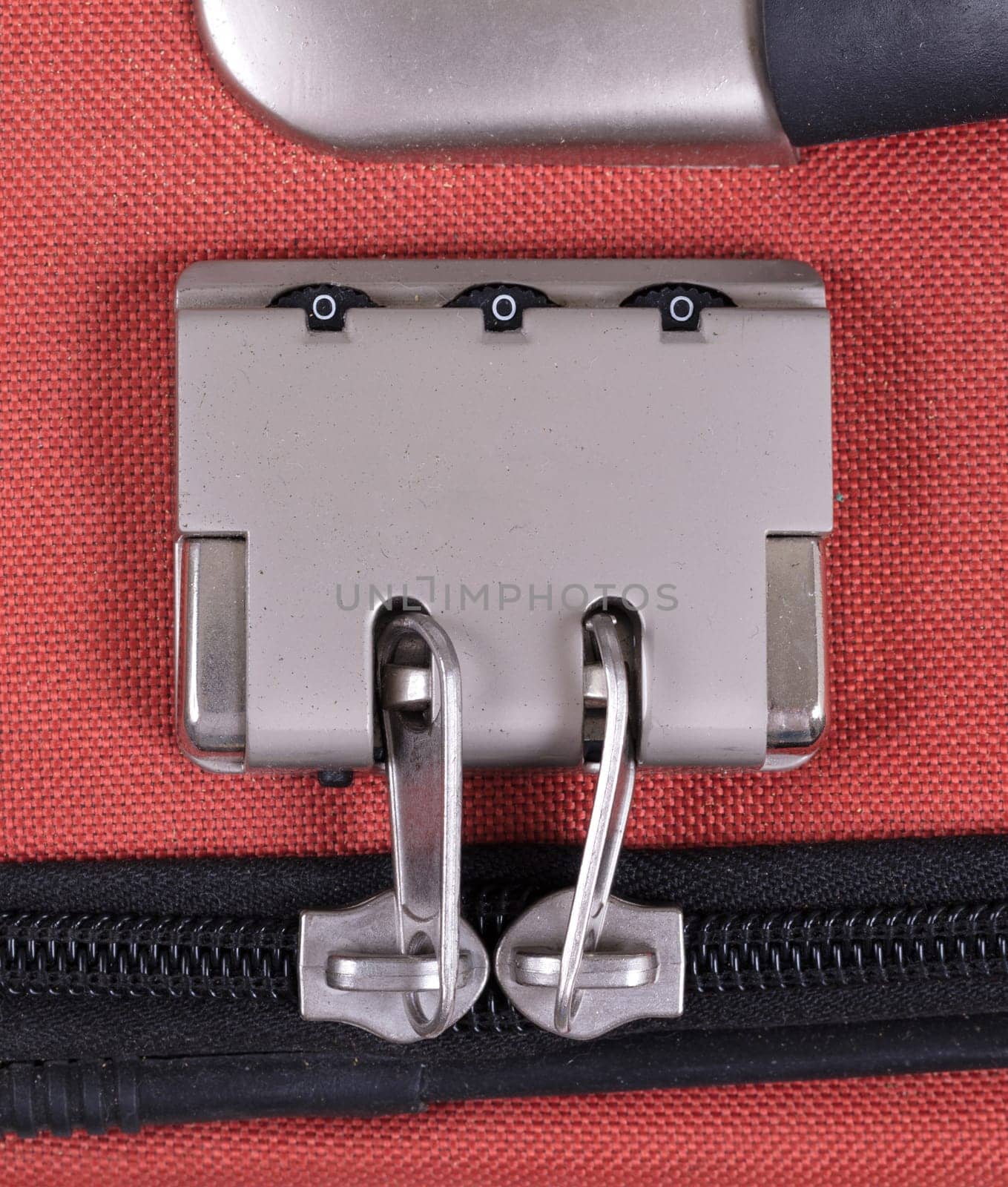 Combination lock on suitcase travel bag. Number, steel - Red bag