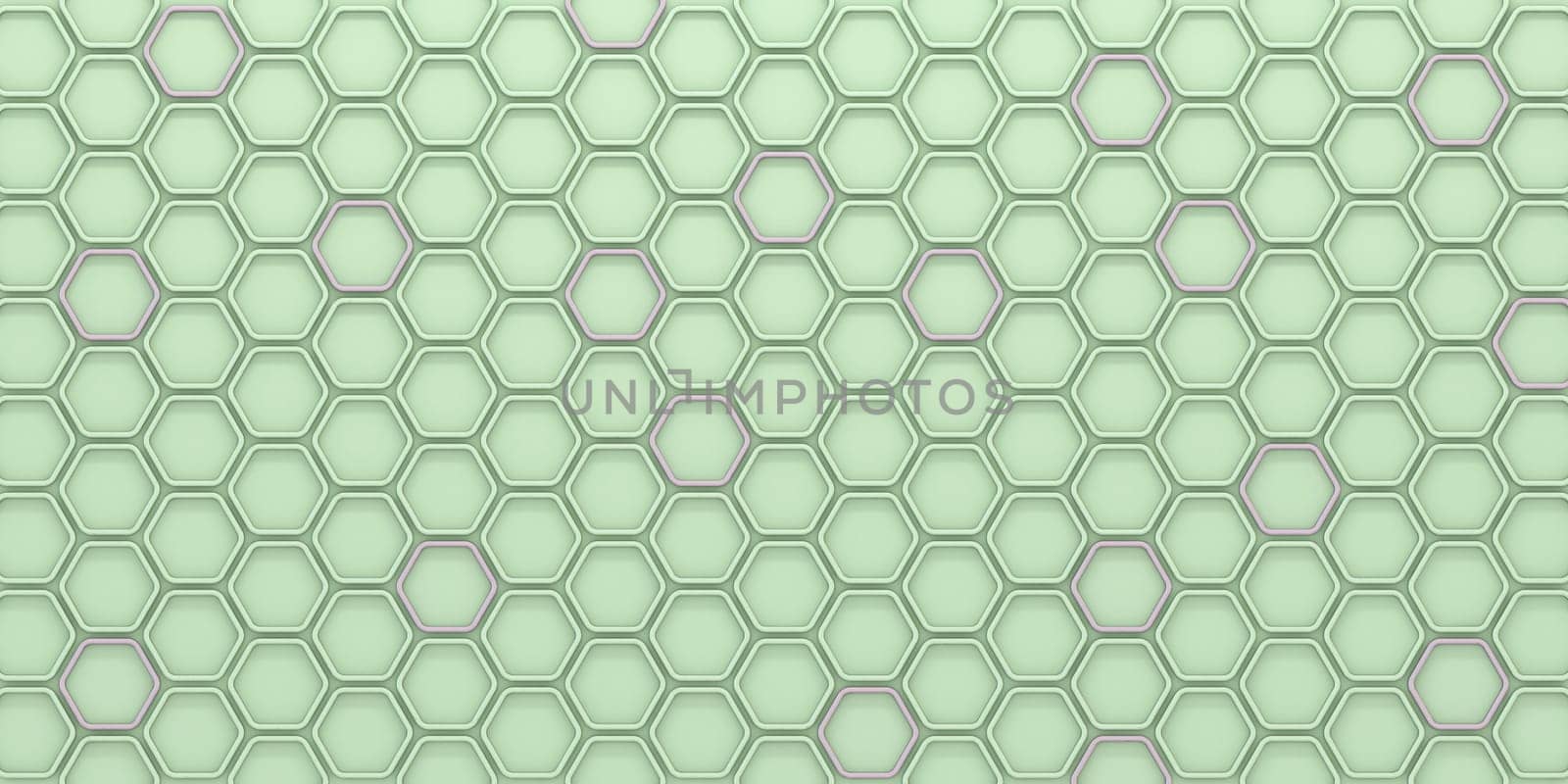 Green and pink arranged hexagon tiles 3D render illustration