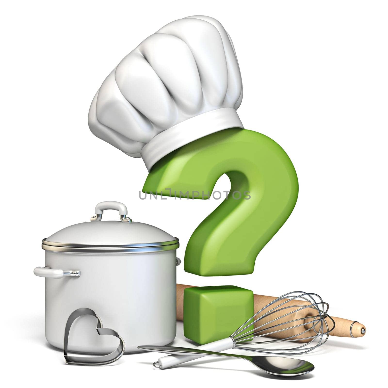 Question mark with cooking hat and kitchen utensils 3D rendering illustration isolated on white background