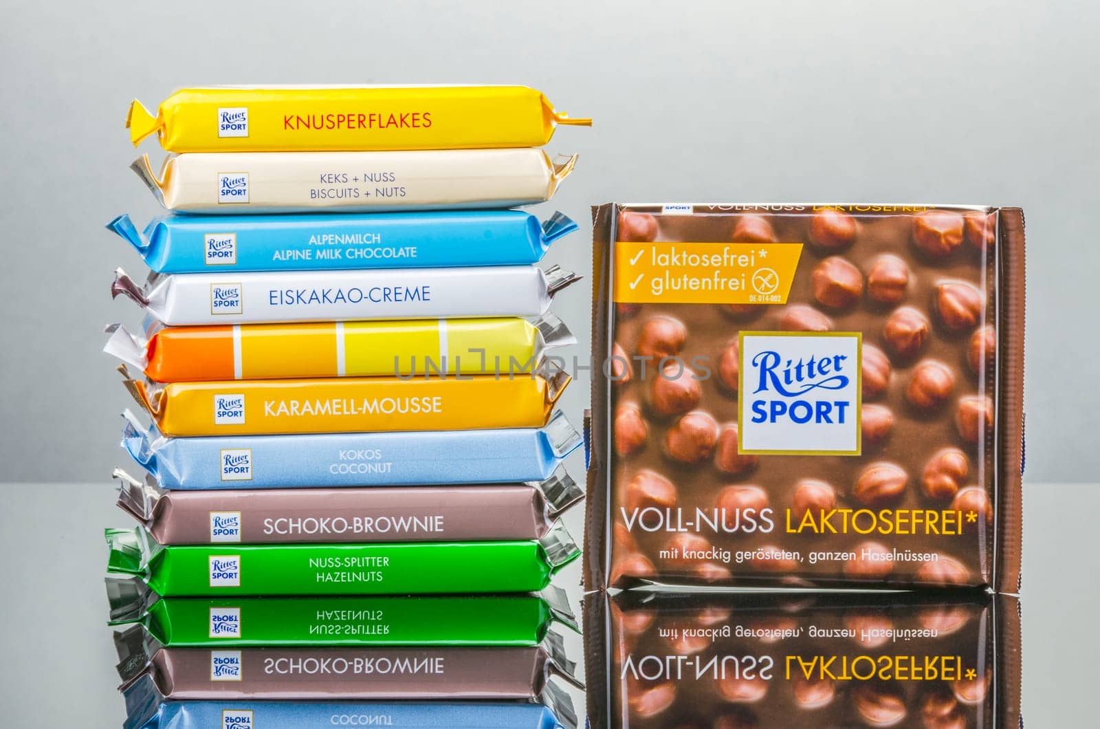 Variety of Ritter Sport chocolate bars. Ritter Sport was founded in 1912 in Stuttgart-Bad Cannstatt, Germany