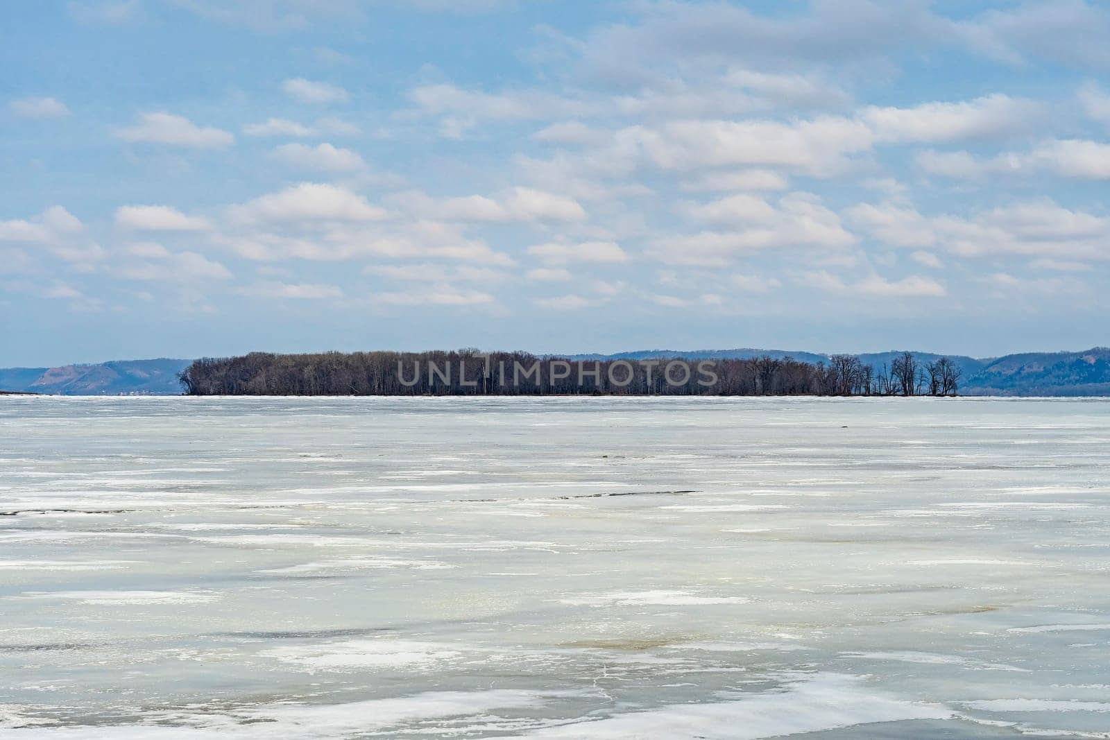 Looking across a Frozen Mississippi River in the Winter near Lynxville, Wisconsin