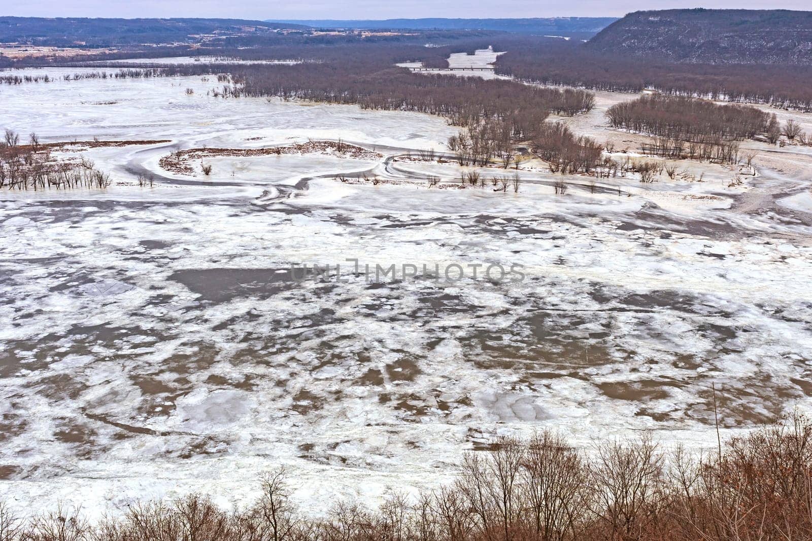 Frozen Confluence of the Wisconsin and Mississippi Rivers in Winter at Pikes Peak State Park in Iowa