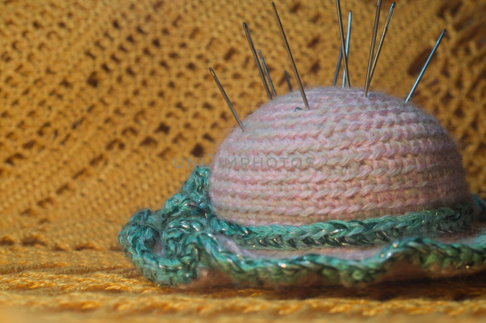 Handmade knitting wool texture background closeup needlework