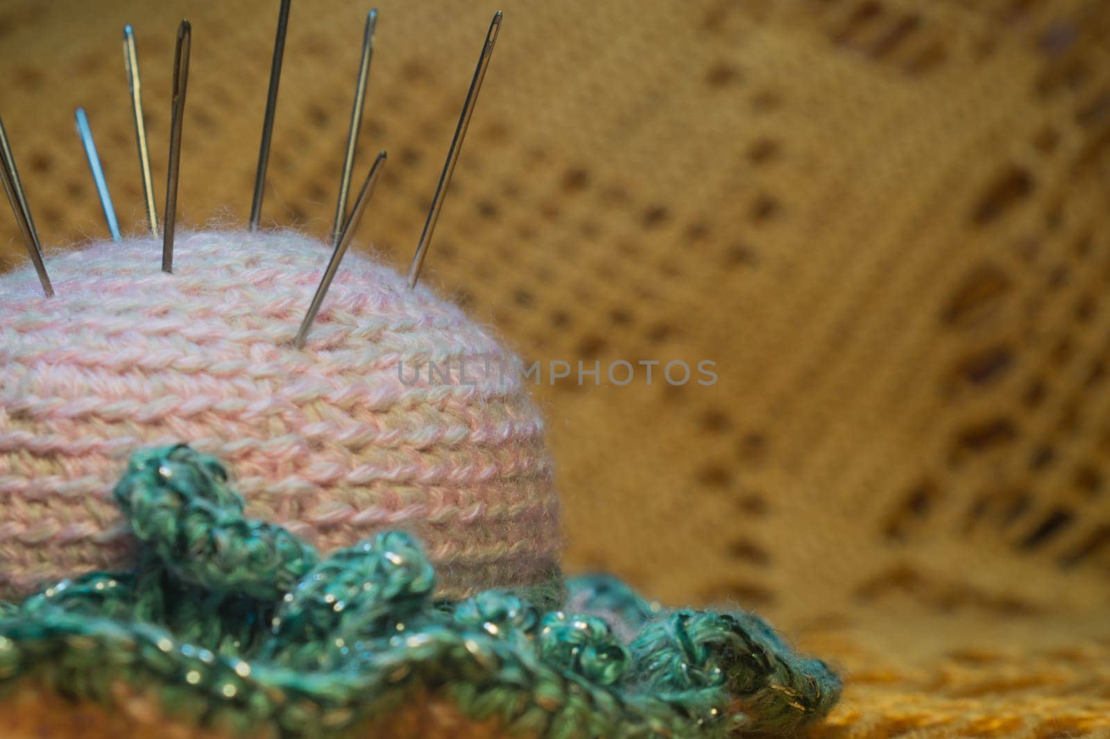 Handmade knitting wool texture background closeup needlework