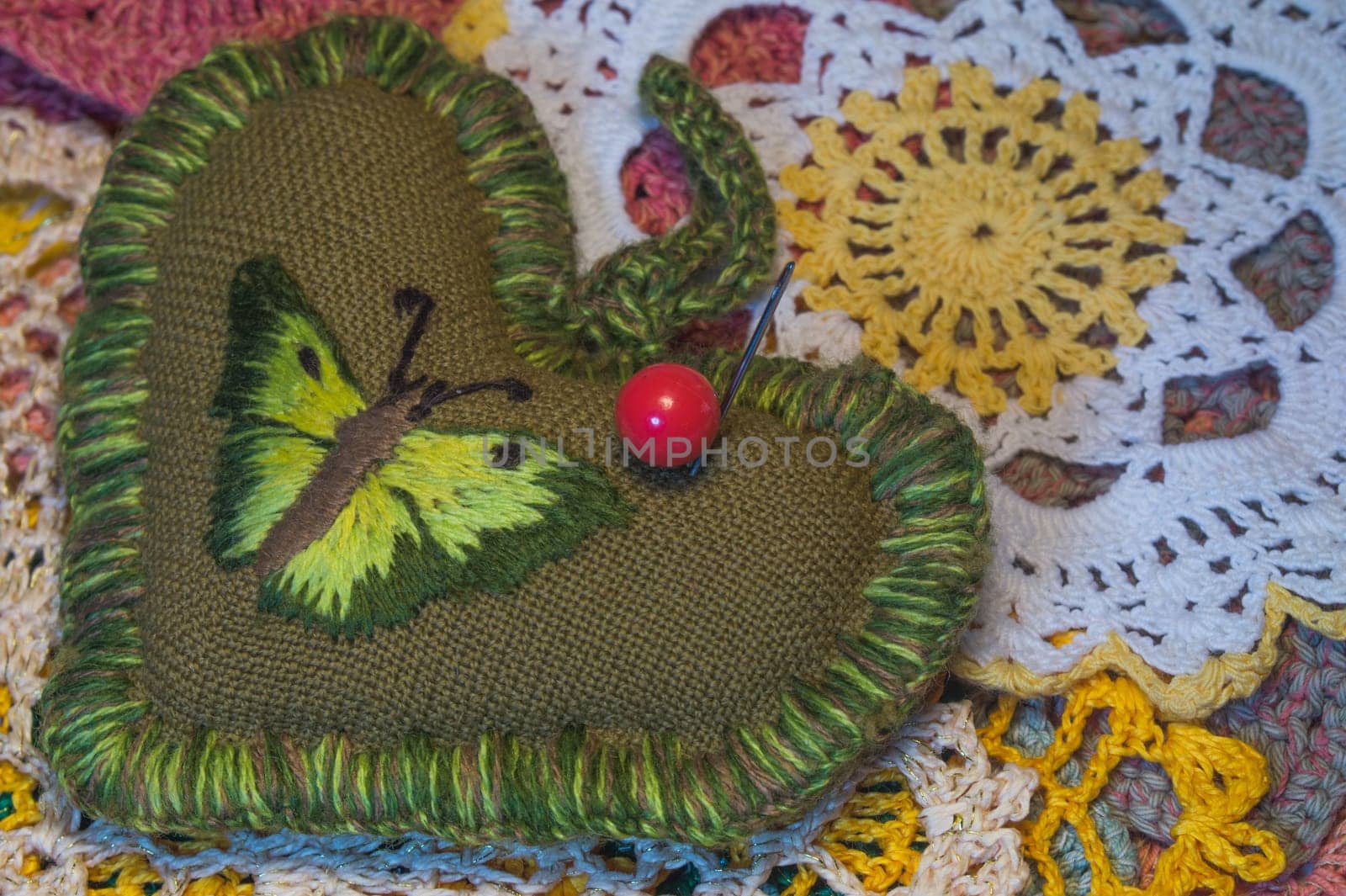 Handmade knitting wool texture background closeup needlework