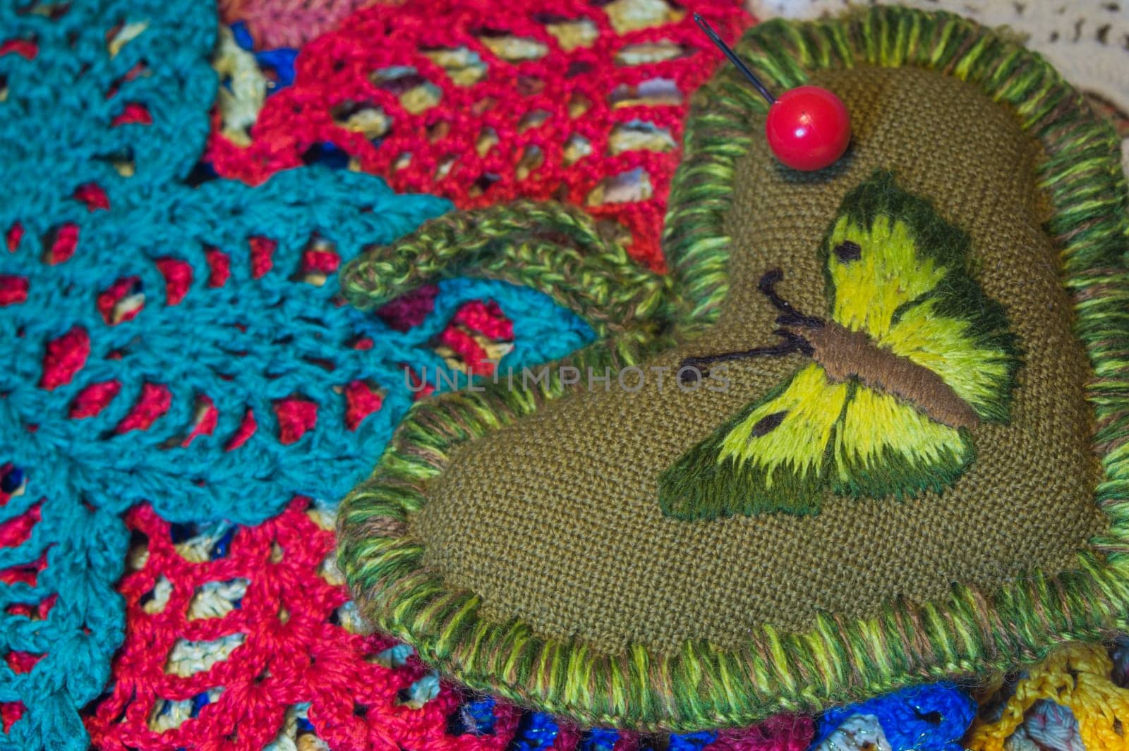 Handmade knitting wool texture background closeup needlework