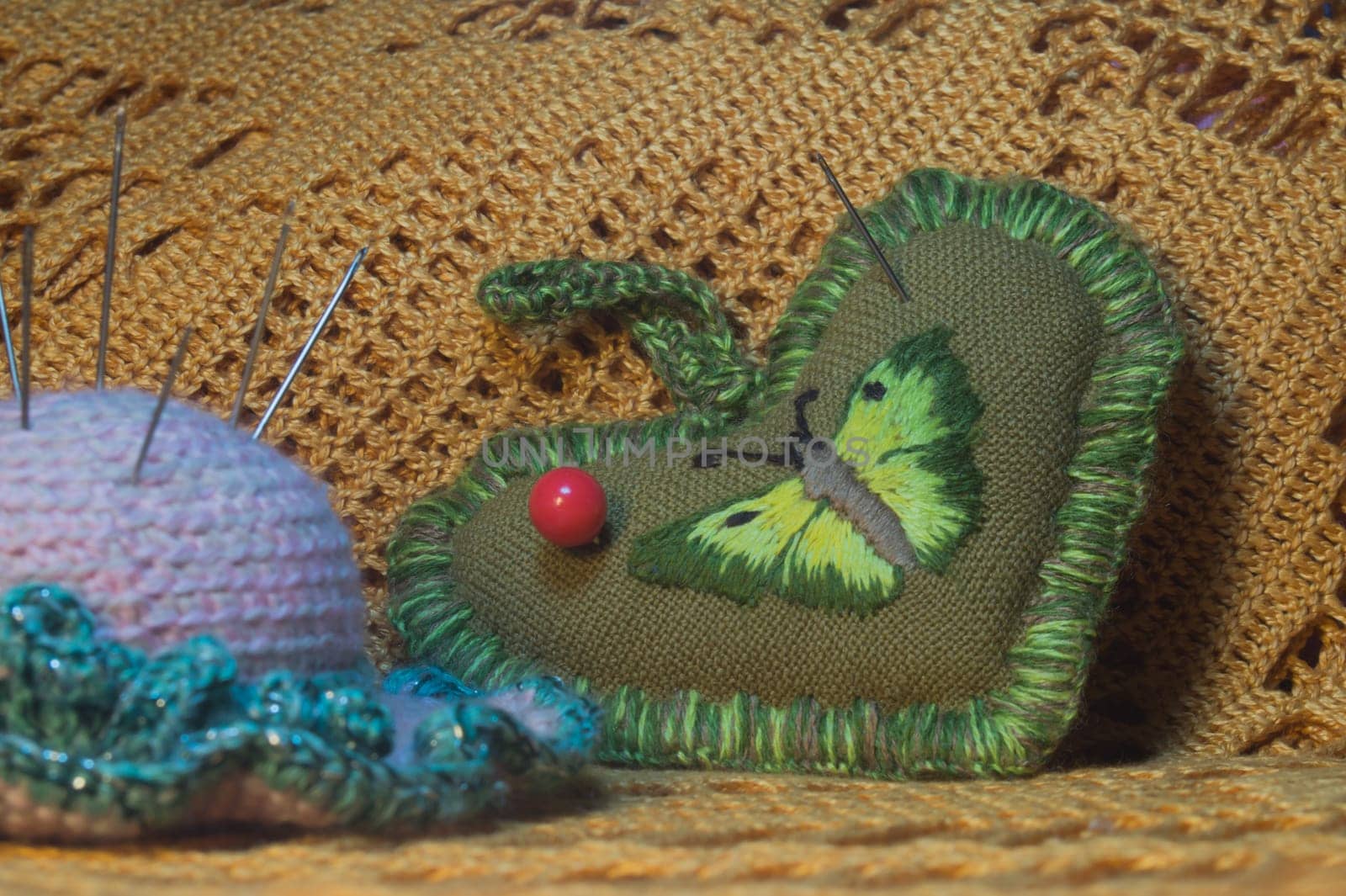 Handmade knitting wool texture background closeup needlework