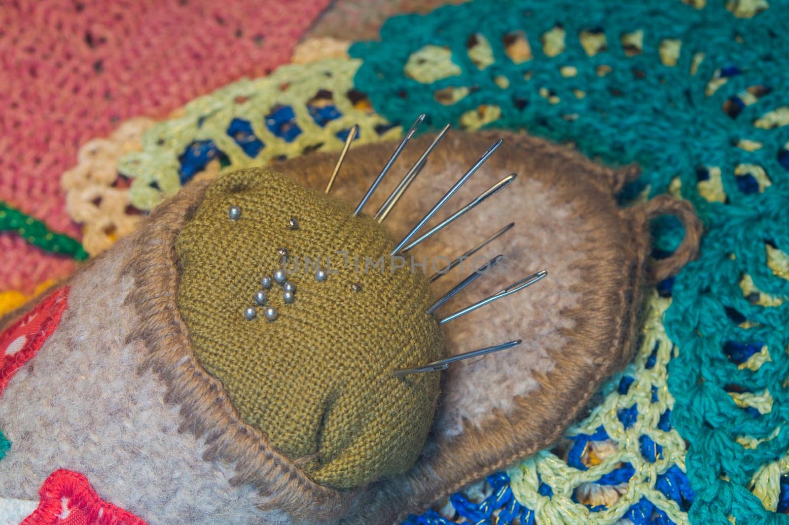 Handmade knitting wool texture background closeup needlework