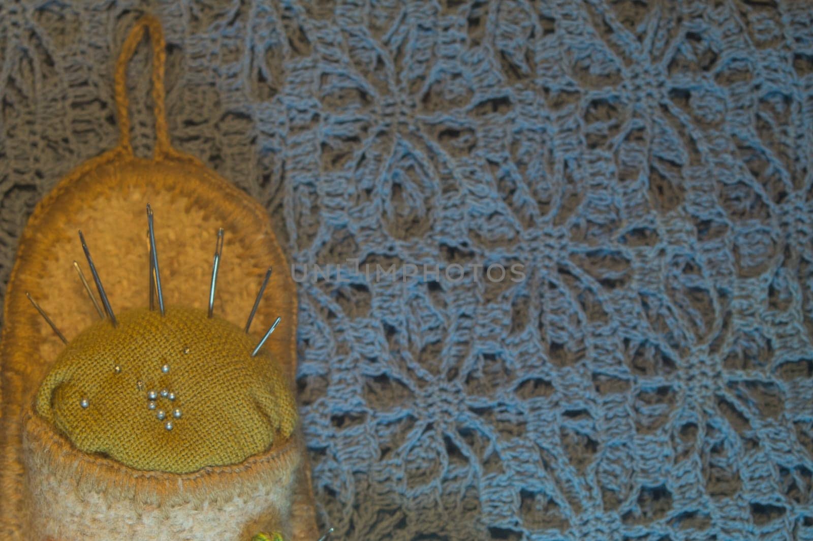 Handmade knitting wool texture background closeup needlework