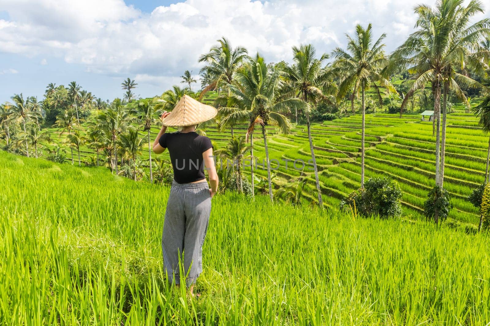 Relaxed fashionable caucasian female tourist wearing small backpack and traditional asian paddy hat looking at beautiful green rice fields and terraces on Bali island.