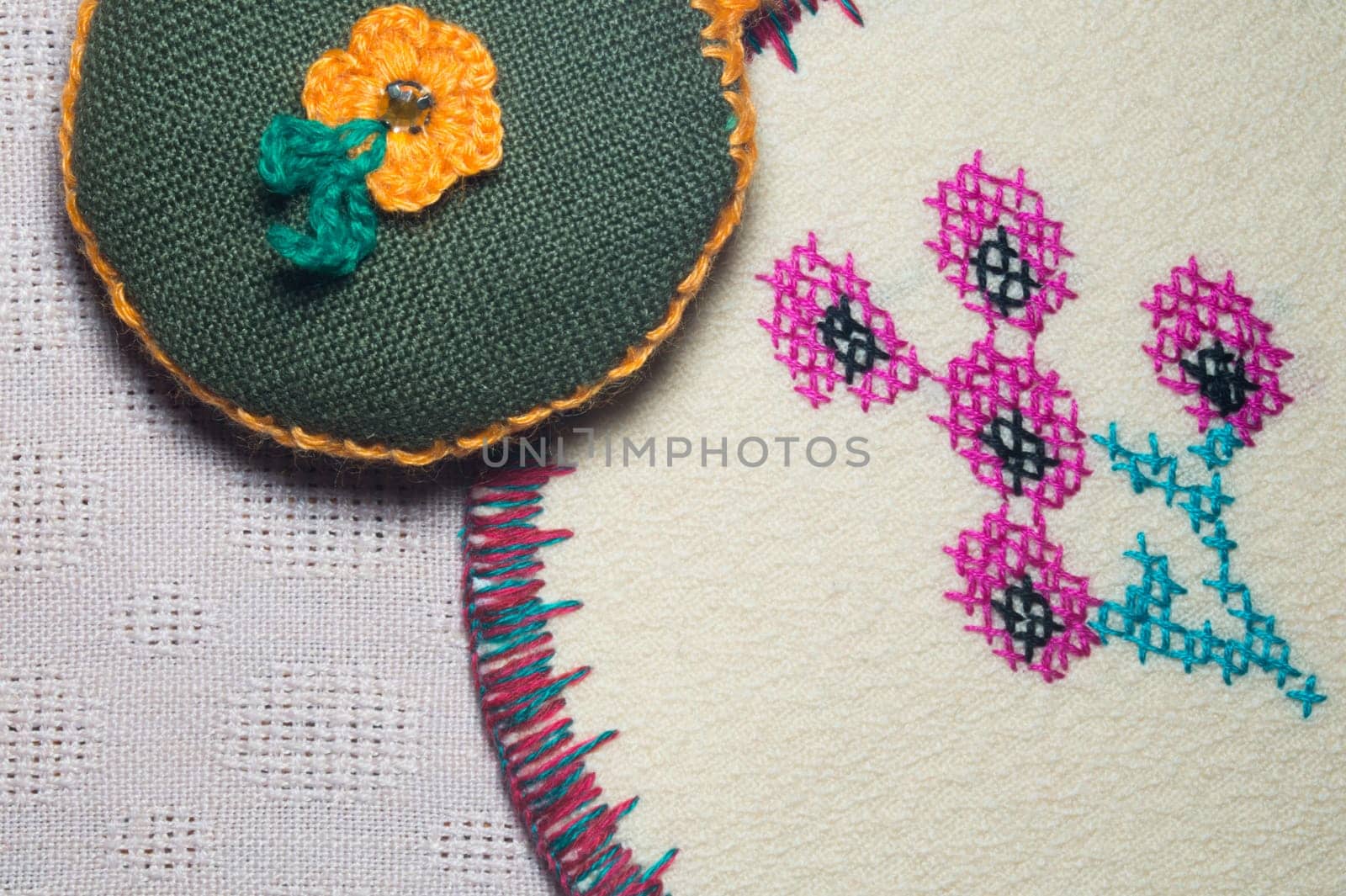 Handmade knitting wool texture background closeup needlework. healthy food concept