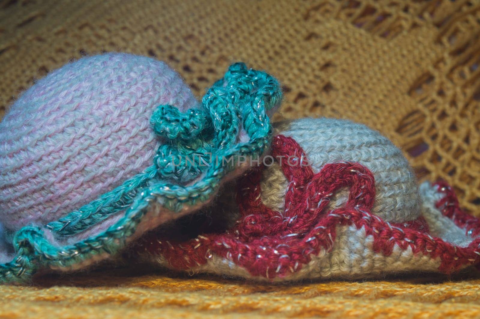 Handmade knitting wool texture background closeup needlework. healthy food concept
