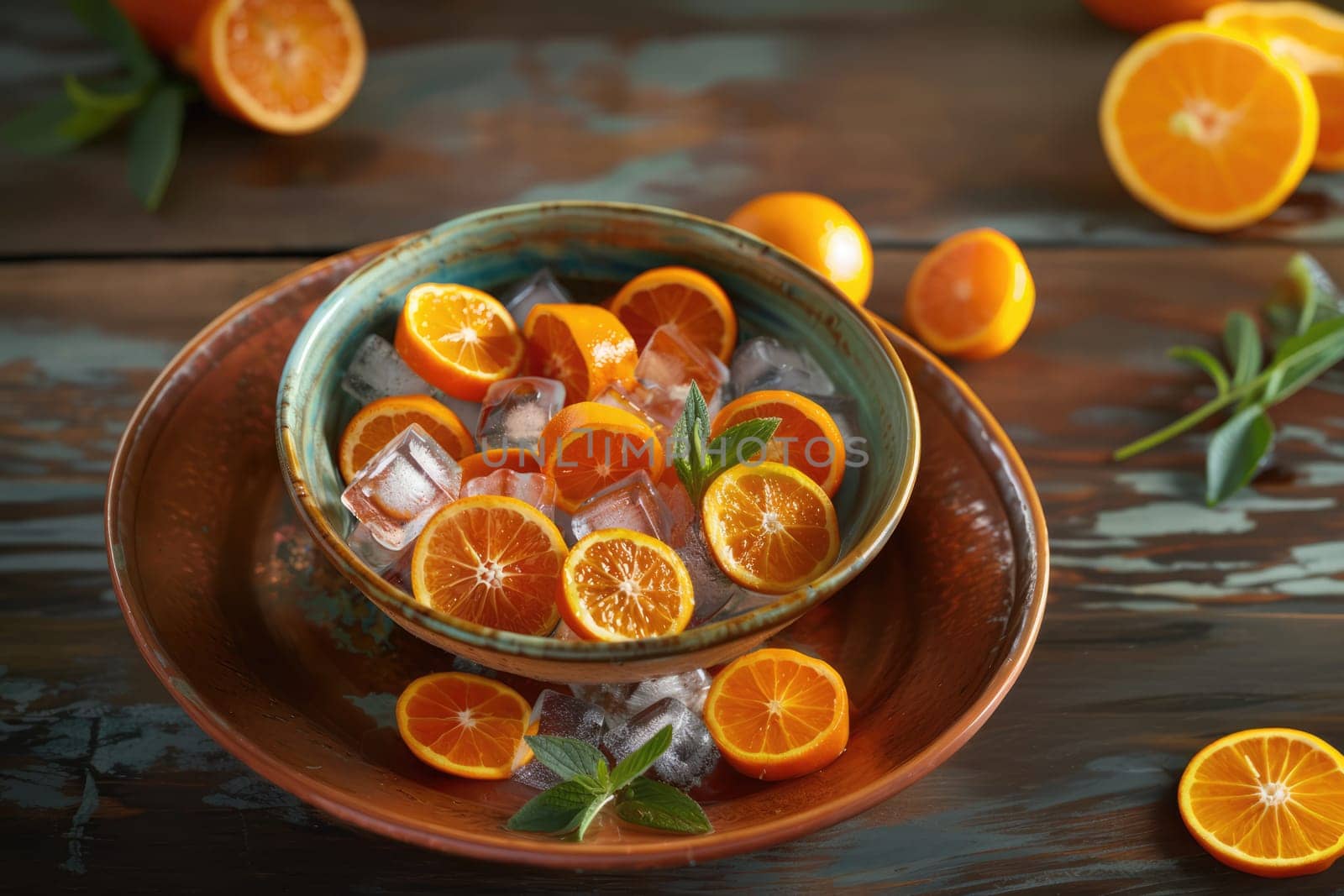 A colorful arrangement of orange slices rests in a bowl filled with ice cubes, surrounded by fresh mint leaves and additional halved oranges. The rustic background adds warmth.