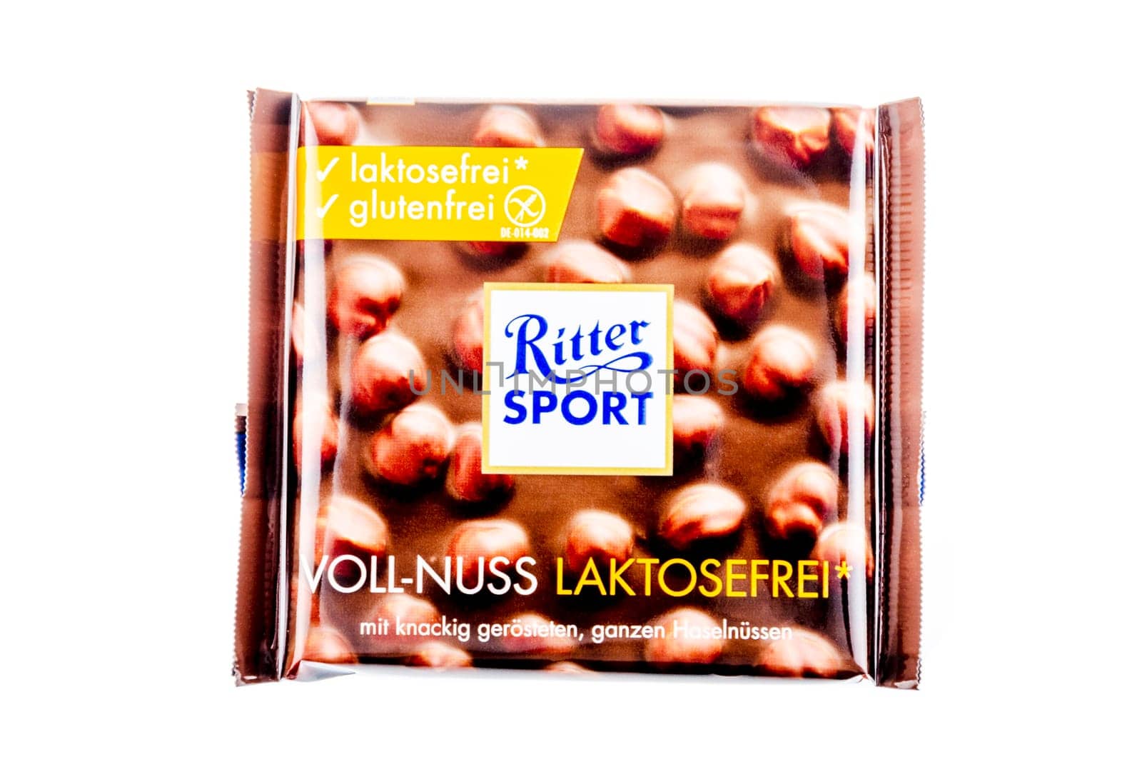 Ritter Sport chocolate bar isolated on white background.
