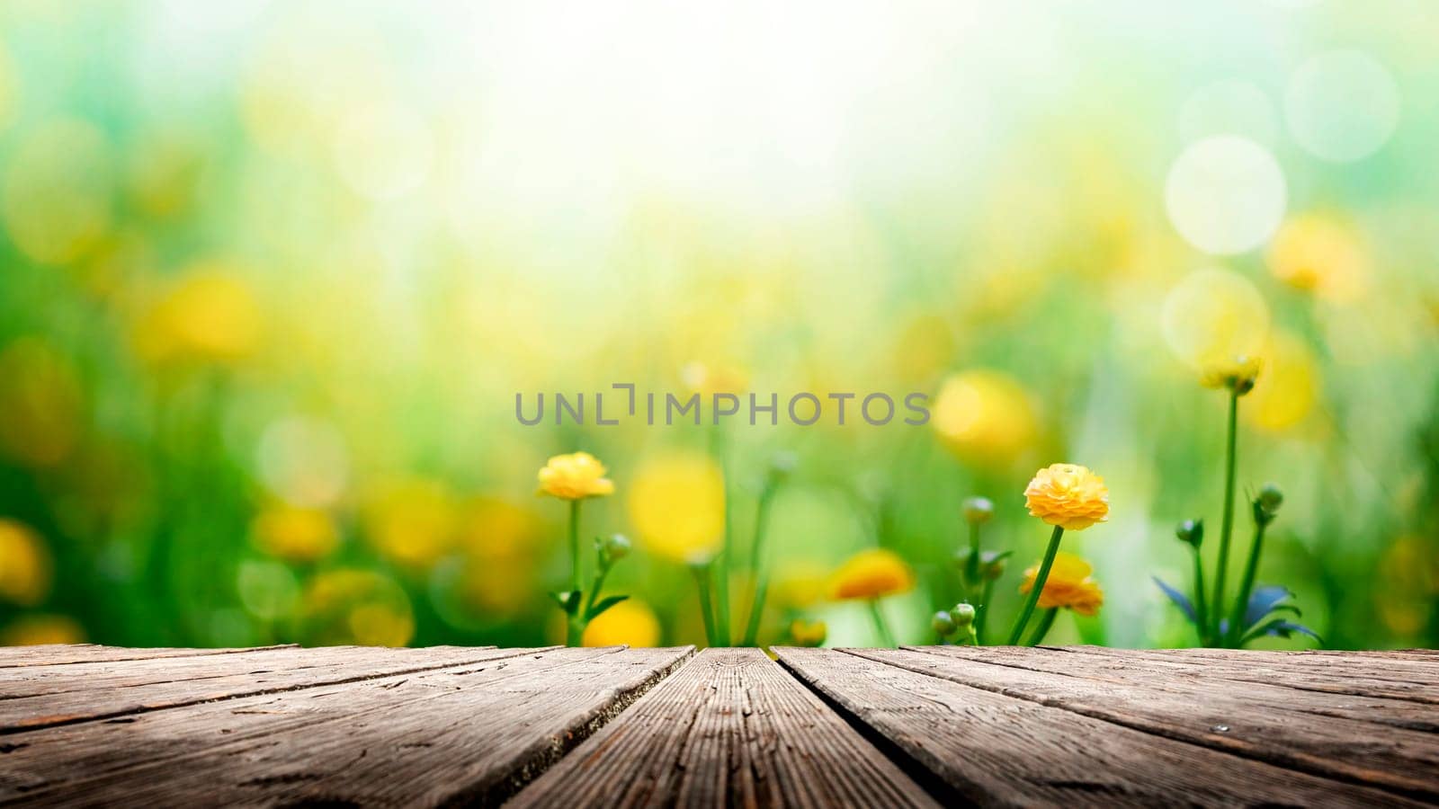 Yellow spring flowers on wooden background
