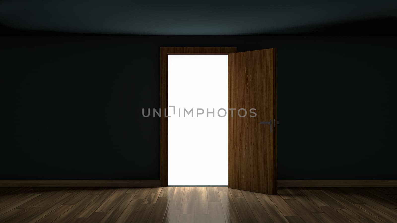 3D render of light in empty room through the opened door. Open single door in darkness to light room 3D illustration.
