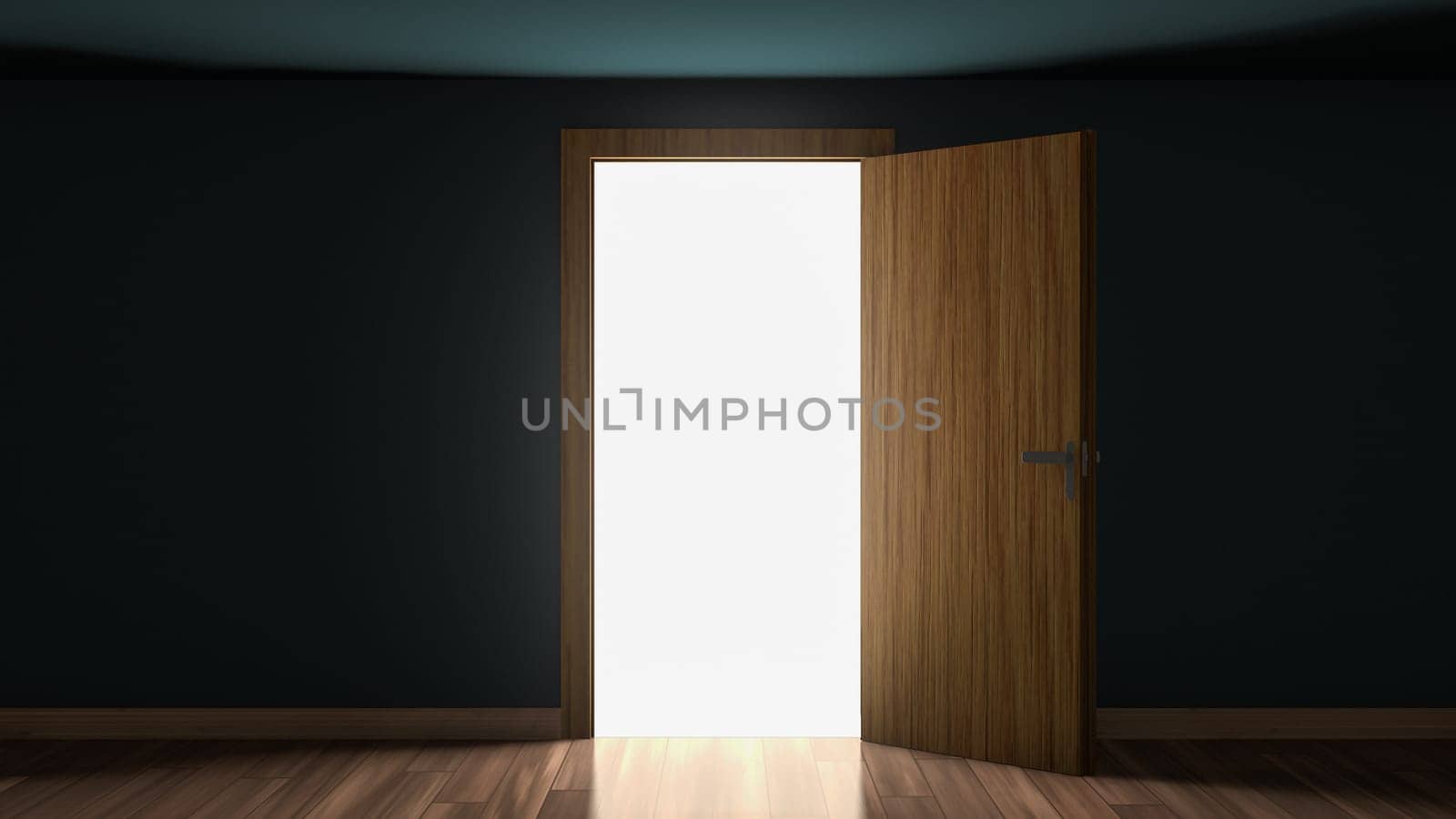 3D render of light in empty room through the opened door. Open single door in darkness to light room 3D illustration.
