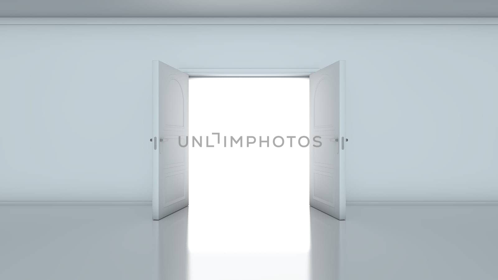 3D render of light in empty room through the opened doors. Doorway revealing bright light in dull grey room.
