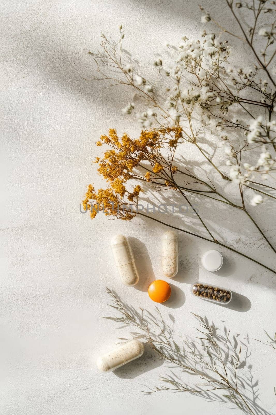 Supplements and vitamins with medicinal herbs. Selective focus. Generative AI, medical