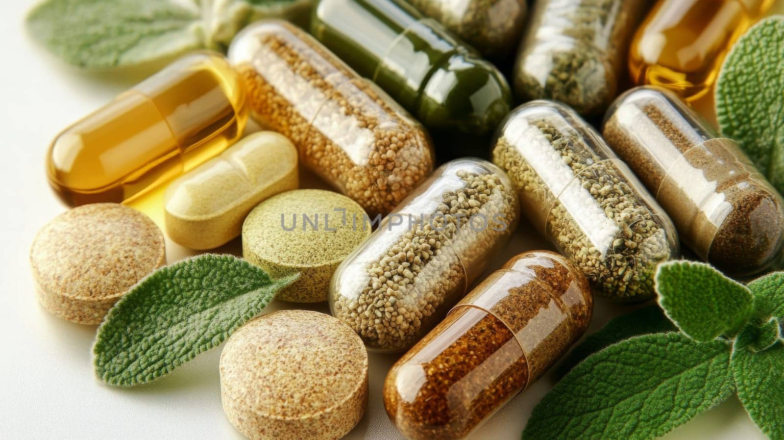 Supplements and vitamins with medicinal herbs. Selective focus. Generative AI, medical