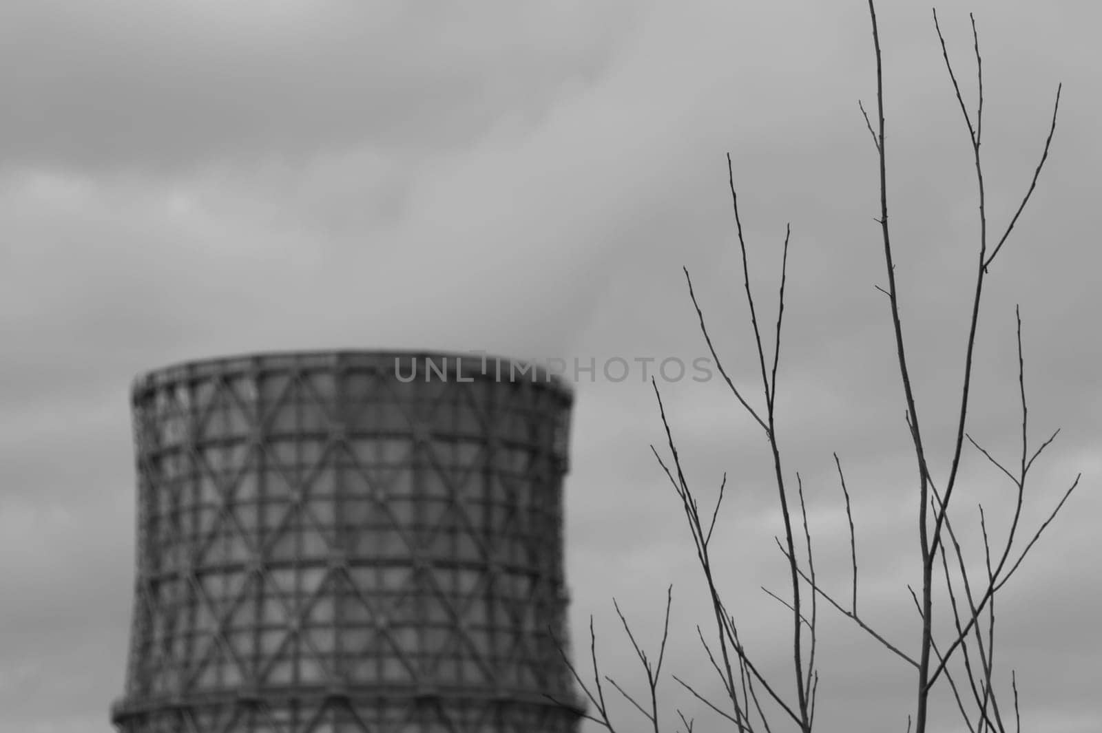 Thermal power plant with smoking chimney. Industrial background