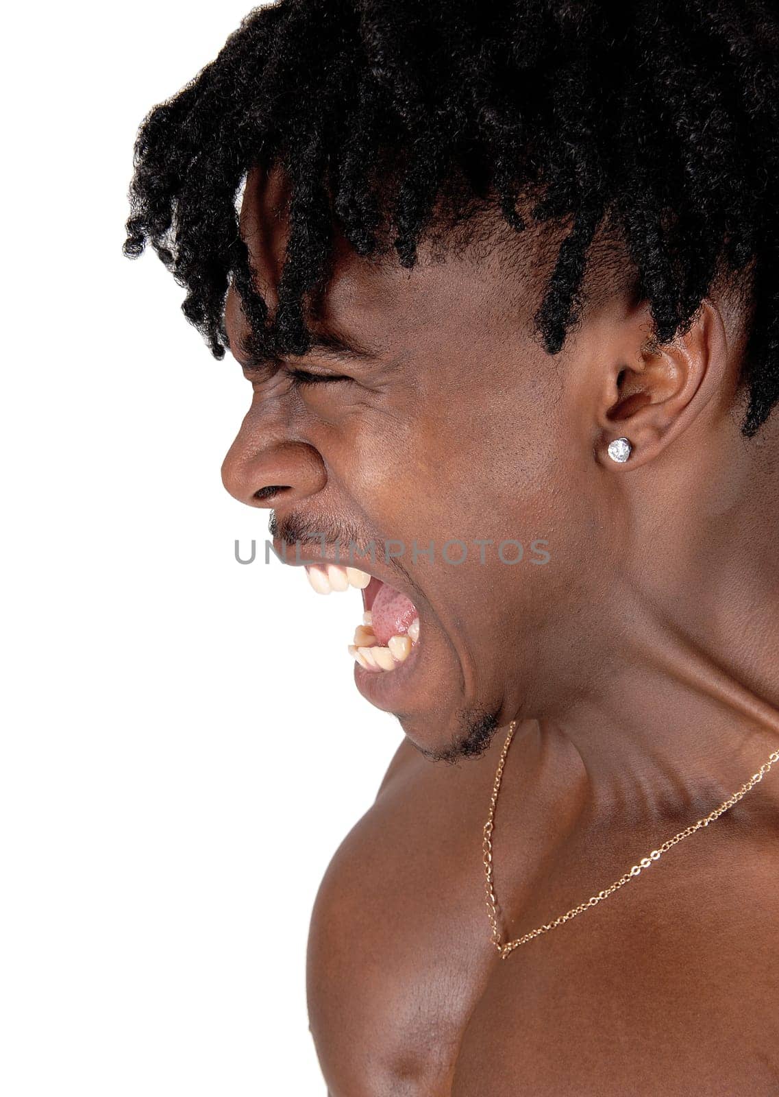 A close up image of a screaming black man in profile by feierabend