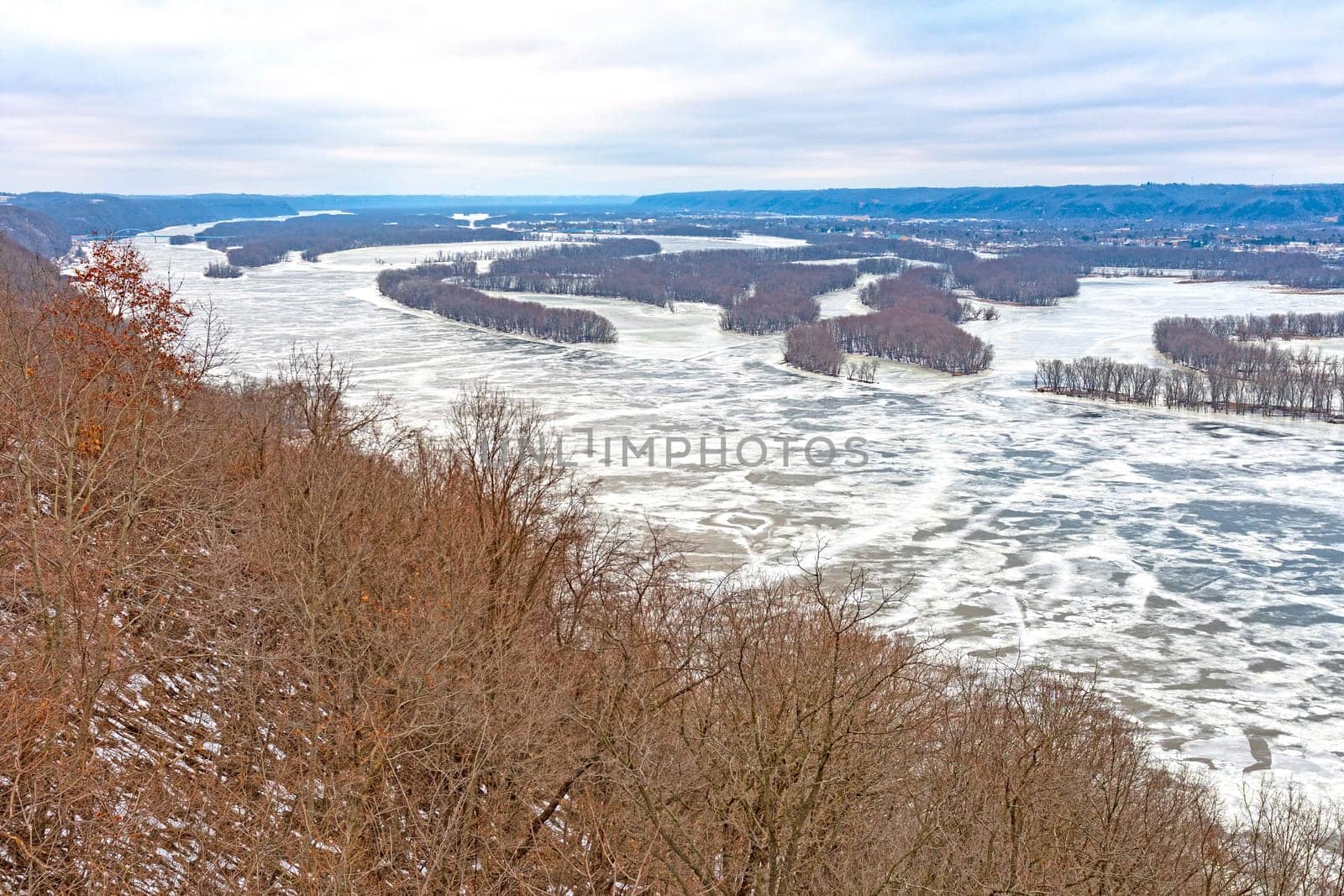 Looking North on the Frozen Upper Mississippi River from Pikes Peak State Park in Iowa